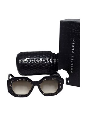 Philipp Plein Black Octagonal Women's Sunglasses with Stud Accents